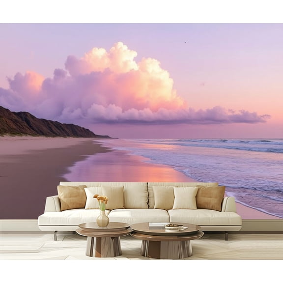 Peel and Stick Wallpaper Beach Pink Clouds Reflective Water Gentle Waves Distant Hills Pink Modern Art Wall Mural Decor Self Adhesive and Removable 69in x 98in