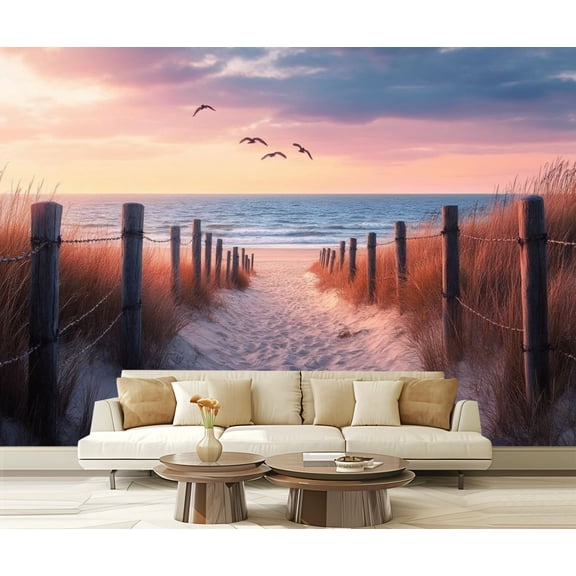 Peel and Stick Wallpaper Beach Sea Nature Landscape Sun Sand Path Fencing Sky Ocean Modern Art Wall Mural Decor Self Adhesive and Removable 69in x 98in