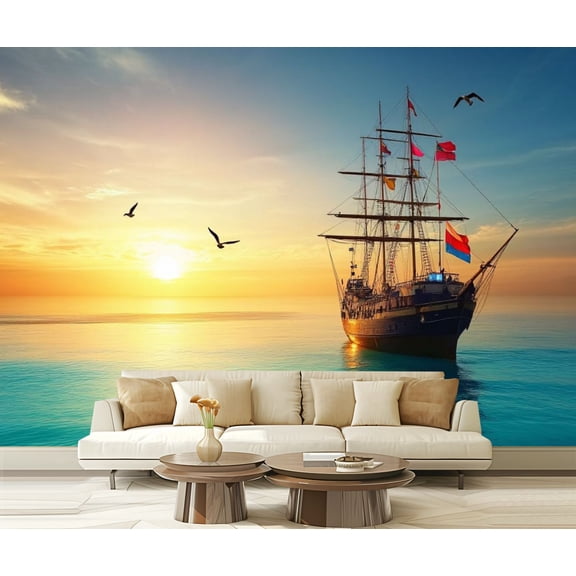 Peel and Stick Wallpaper Beautiful Sunset Yacht Sea Non Woven Decorative Sailing Ship Calm Sea Modern Art Wall Mural Decor Self Adhesive and Removable 69in x 98in