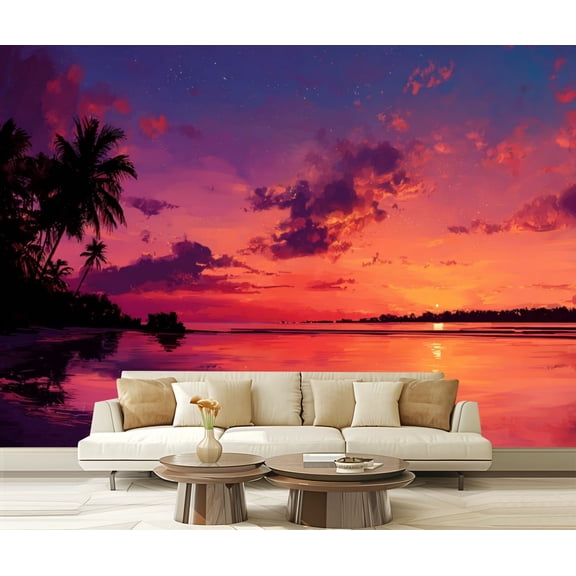 Peel and Stick Wallpaper Beautiful Tropical Scenery Landscape Beach Sunset Palm Trees Ocean Modern Art Wall Mural Decor Self Adhesive and Removable 69in x 98in