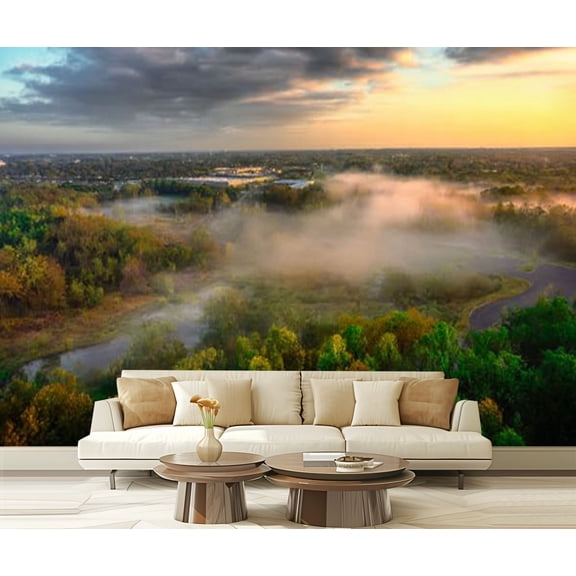 Peel and Stick Wallpaper Beautiful rising beautiful color mist foggy river sunrise Modern Art Wall Mural Decor Self Adhesive and Removable 69in x 98in