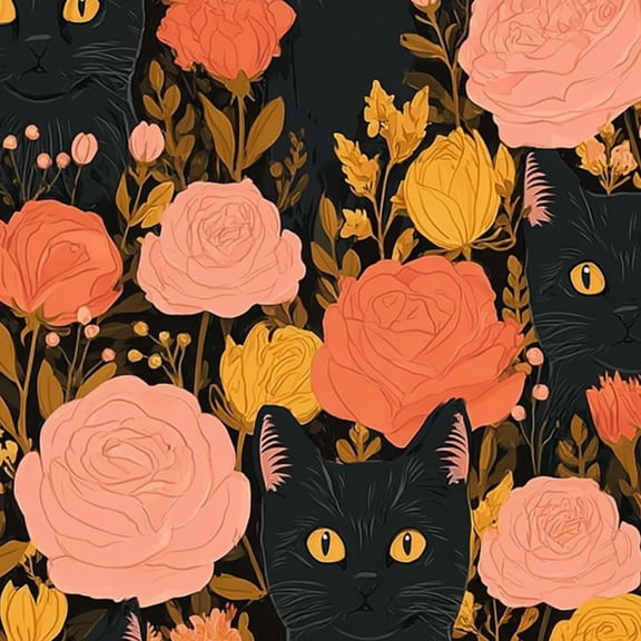Peel and Stick Wallpaper Black Cats Roses Floral Orange Pink Accents Wall Mural 23.6in x 9.8ft Self Adhesive Removable Wall Paper Renter Friendly Wallpaper for Nursery Bedroom Cabinets