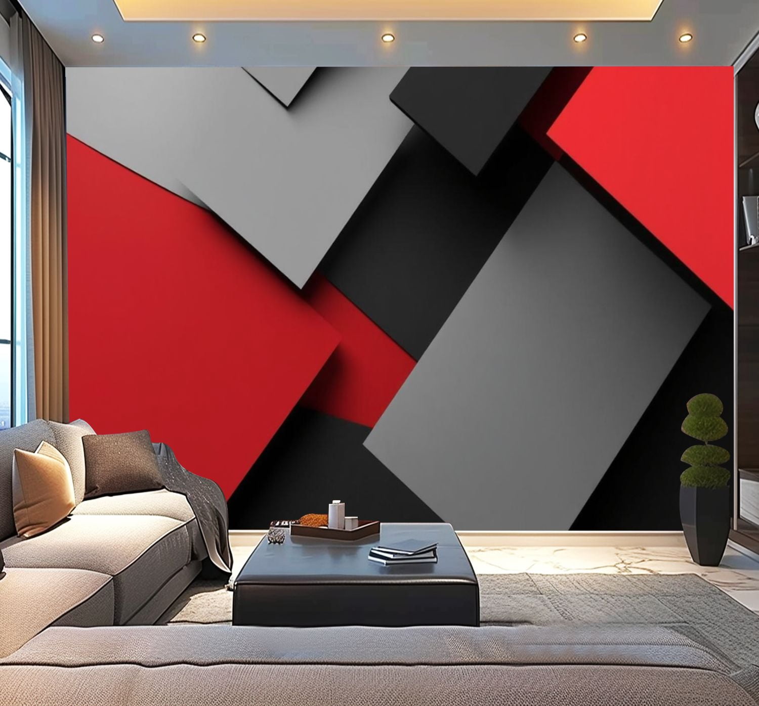 Peel and Stick Wallpaper Black Red 3D Geometry Red Cubes Gray Rectangles Layered Blocks Modern Art Wall Mural Decor Self Adhesive and Removable 100in x 144in