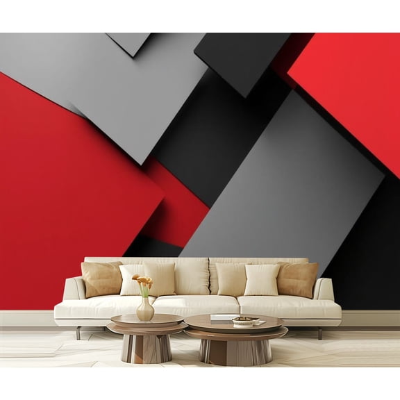 Peel and Stick Wallpaper Black Red 3D Geometry Red Cubes Gray Rectangles Layered Blocks Modern Art Wall Mural Decor Self Adhesive and Removable 69in x 98in