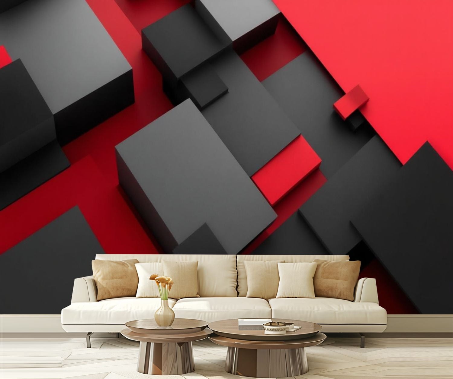 Peel and Stick Wallpaper Black Red 3D Geometry Red Cubes Gray Rectangles Layered Blocks Modern Art Wall Mural Decor Self Adhesive and Removable 69in x 98in