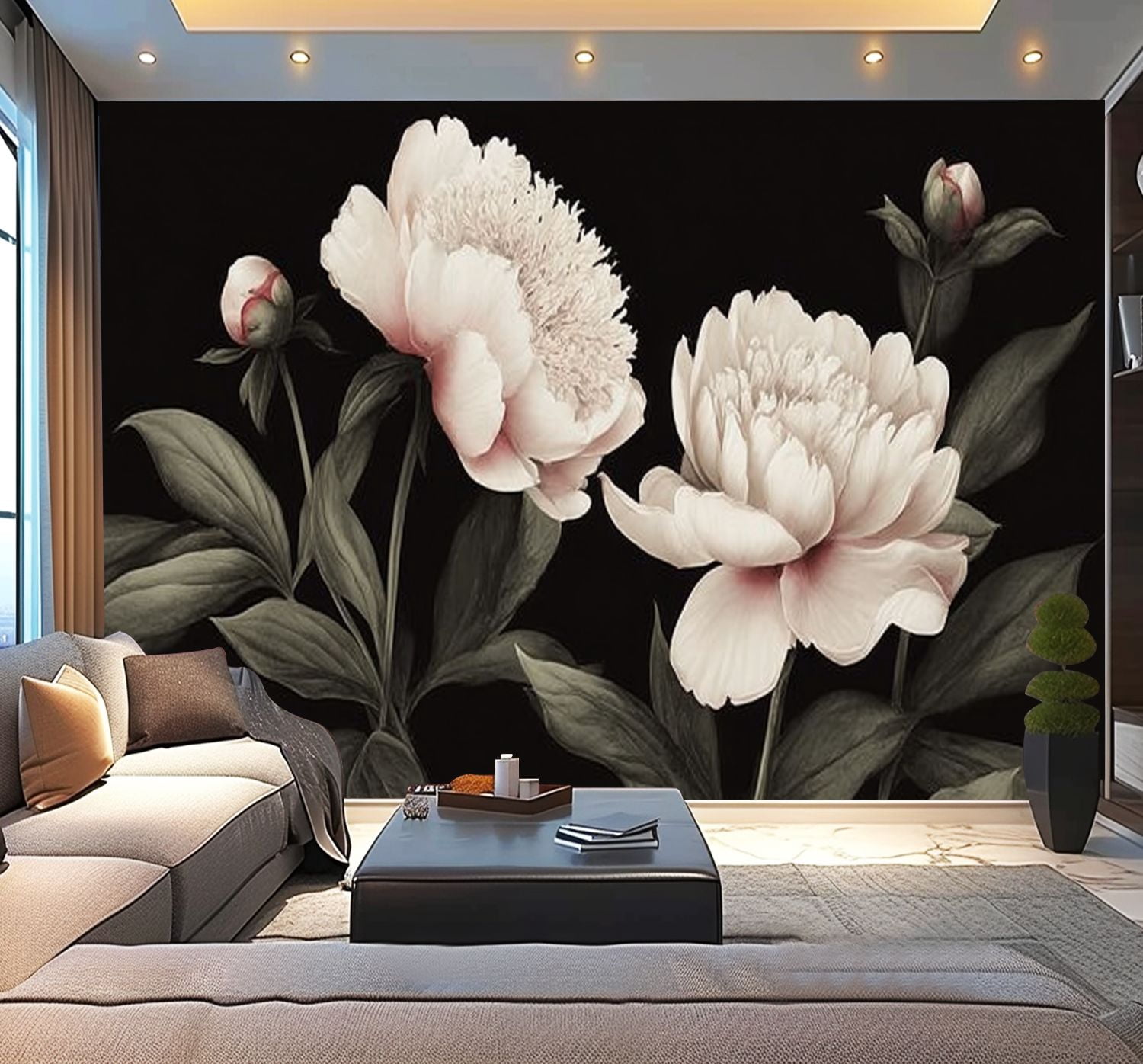 Peel and Stick Wallpaper Black Vintage Dark Contact Floral Peonies Buds Leaves Stems Petals Modern Art Wall Mural Decor Self Adhesive and Removable 100in x 144in