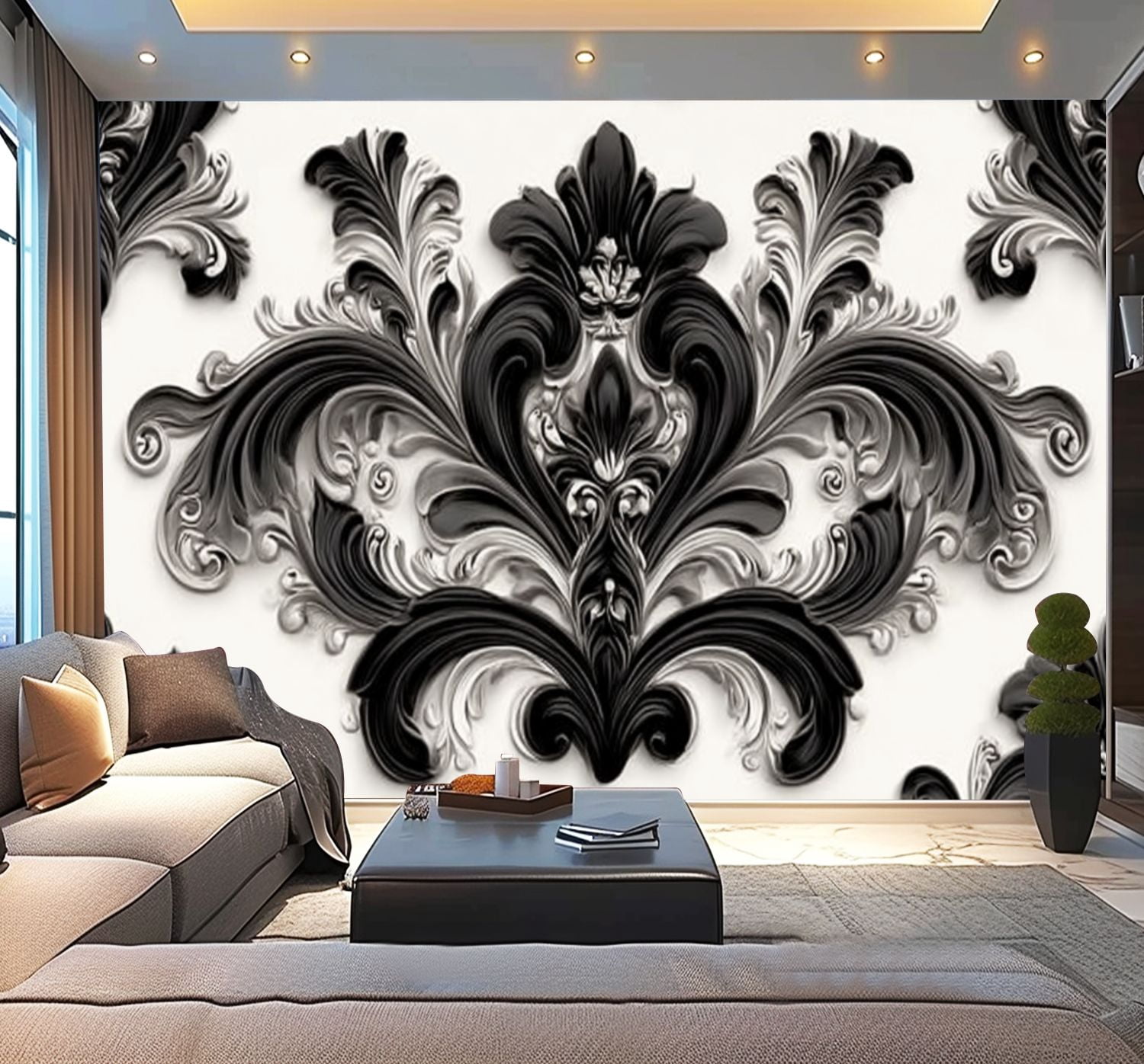 Peel and Stick Wallpaper Black White Damask Multicolor Floral Motifs Scrollwork Symmetrical Modern Art Wall Mural Decor Self Adhesive and Removable 100in x 144in