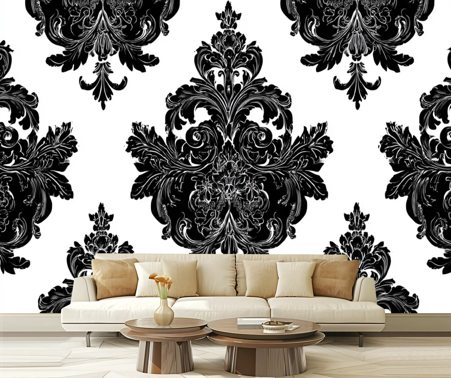 Peel and Stick Wallpaper Black White Damask Multicolor Floral Motifs Scrollwork Symmetrical Modern Art Wall Mural Decor Self Adhesive and Removable 69in x 98in