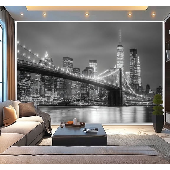 Peel and Stick Wallpaper Black White Night View Brooklyn Bridge Skyline Reflections Modern Art Wall Mural Decor Self Adhesive and Removable 100in x 144in