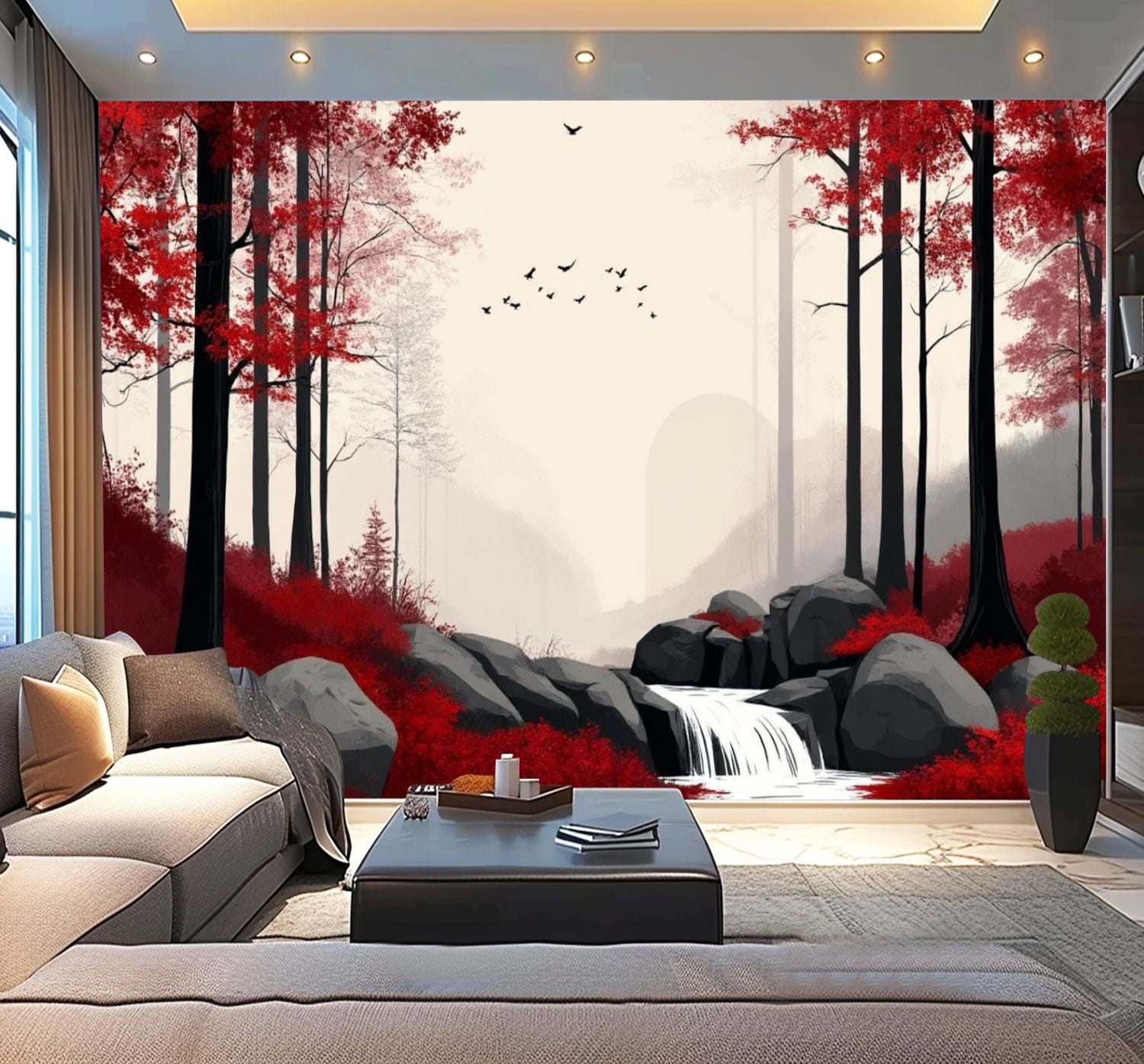 Peel and Stick Wallpaper Black White Red Woods Waterfall Landscape Foliage Dark Trees Red Trees Modern Art Wall Mural Decor Self Adhesive and Removable 100in x 144in