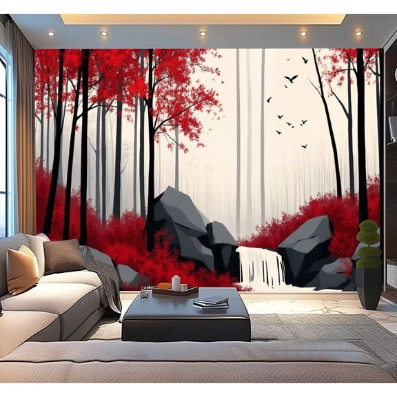 Peel and Stick Wallpaper Black White Red Woods Waterfall Landscape Foliage Dark Trees Red Trees Modern Art Wall Mural Decor Self Adhesive and Removable 100in x 144in