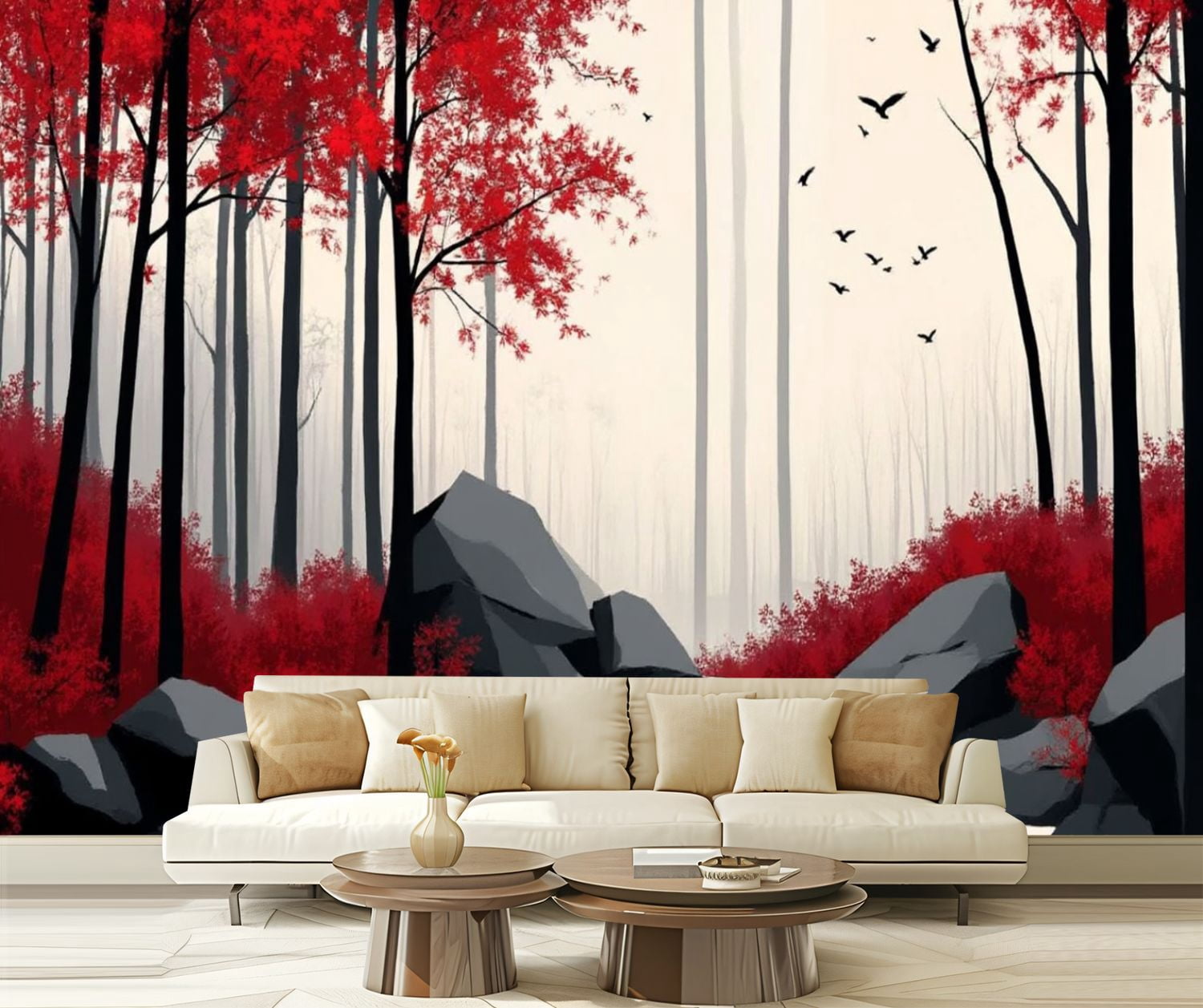 Peel and Stick Wallpaper Black White Red Woods Waterfall Landscape Foliage Dark Trees Red Trees Modern Art Wall Mural Decor Self Adhesive and Removable 69in x 98in
