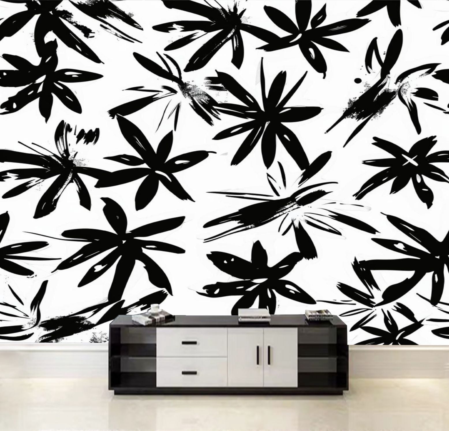Peel and Stick Wallpaper Black white floral seamless pattern botanical ...