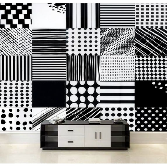Peel and Stick Wallpaper Black white seamless patchwork pattern graphic dotted striped Unusual Canvas Texture Removable Wall Murals Large Wall Stickers for Living Room Bedroom Home Decoration
