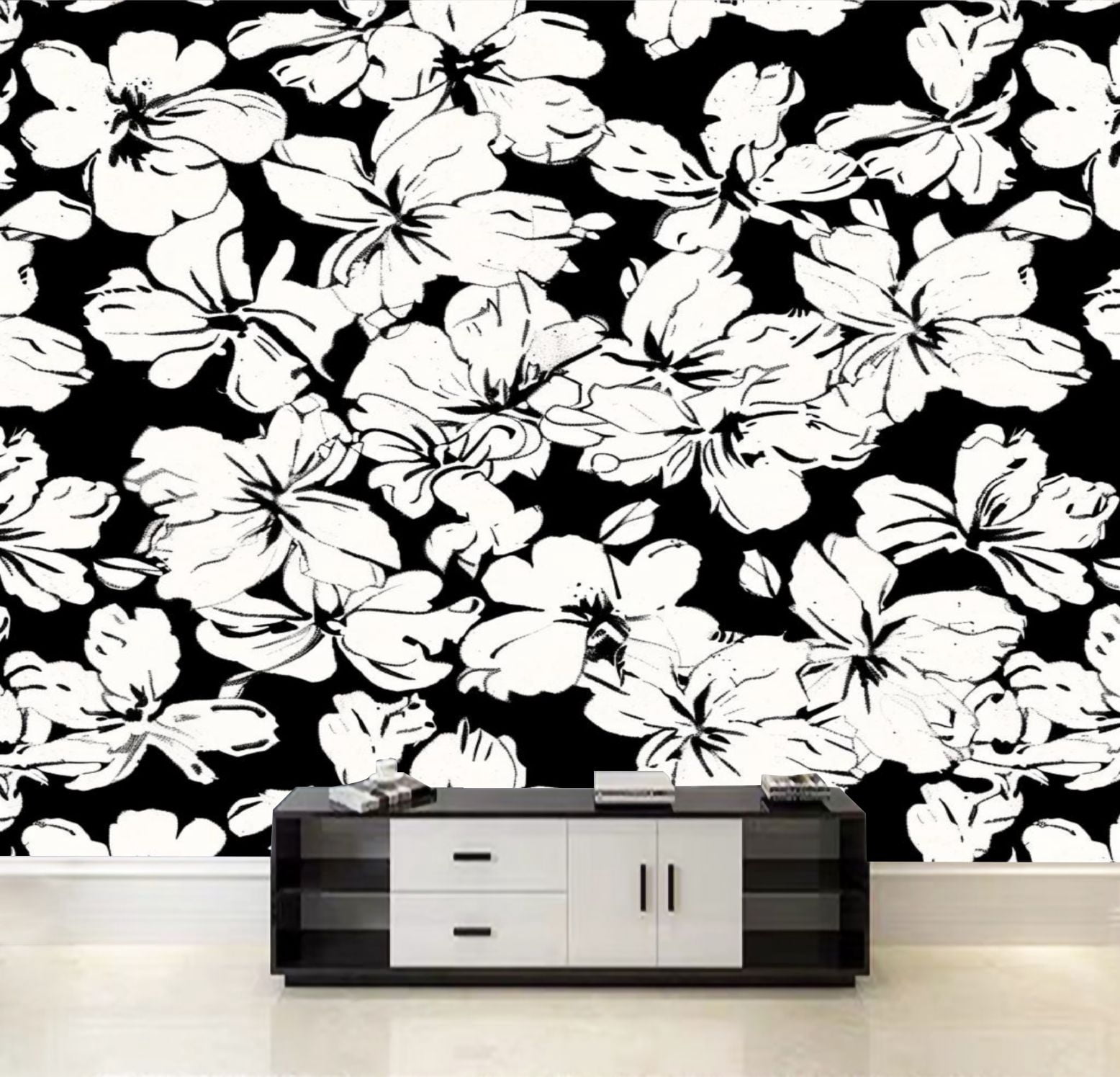 Peel and Stick Wallpaper Black white seamless pattern flowers Ink ...