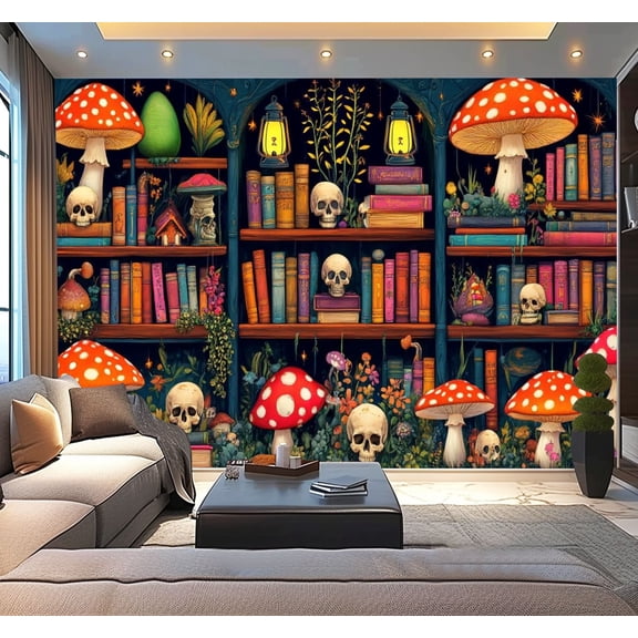 Peel and Stick Wallpaper Blacklight Uv Reactive Magic Books Mushroom Skull Botanical Floral Modern Art Wall Mural Decor Self Adhesive and Removable 100in x 144in