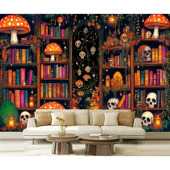 Peel and Stick Wallpaper Blacklight Uv Reactive Magic Books Mushroom Skull Botanical Floral Modern Art Wall Mural Decor Self Adhesive and Removable 69in x 98in