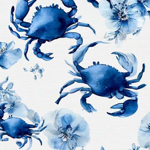 Peel and Stick Wallpaper Blue Crabs Floral Watercolor Blue Flowers coastal Wall Mural 23.6in x 9.8ft Self Adhesive Removable Wall Paper Renter Friendly Wallpaper for Bedroom Livingroom Office Studio