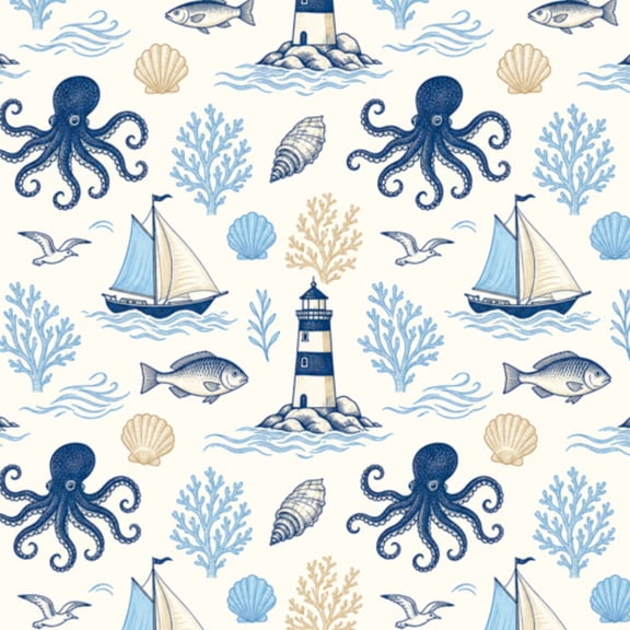 Peel and Stick Wallpaper Blue Deep Sea Toile Lighthouse Sailing Ships Octopus Wall Mural 17.7in x 9.8ft Self Adhesive Removable Wall Paper Renter Friendly Wallpaper for Nursery Bedroom Cabinets
