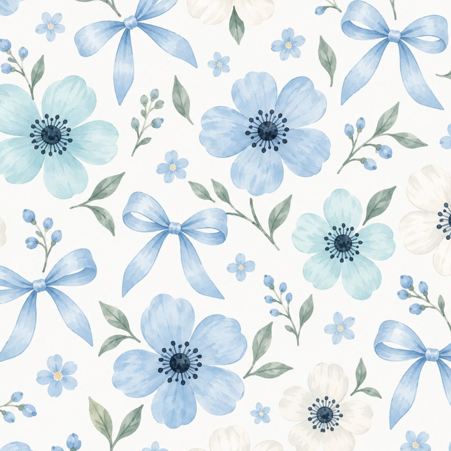 Peel and Stick Wallpaper Blue Floral Bows botanical Delicate Leaves ...