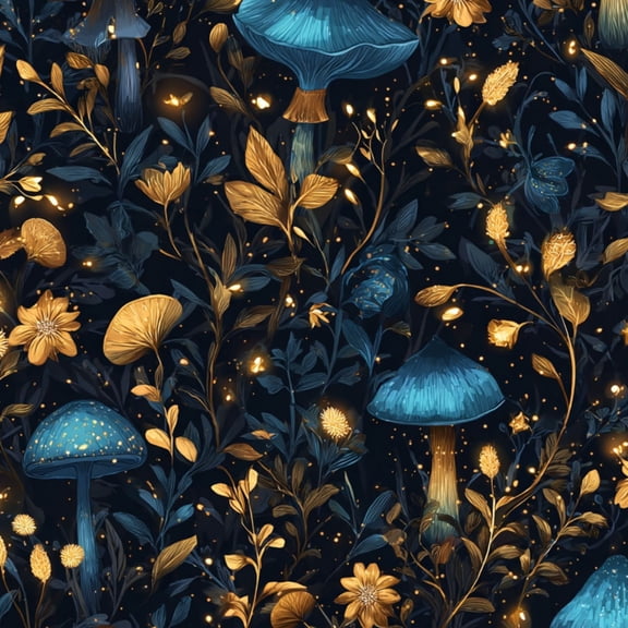Peel and Stick Wallpaper Blue Gold Mushrooms Floral Botanical Dark Glowing Wall Mural 23.6in x 9.8ft Self Adhesive Removable Wall Paper Renter Friendly Wallpaper for Nursery Bedroom Cabinets