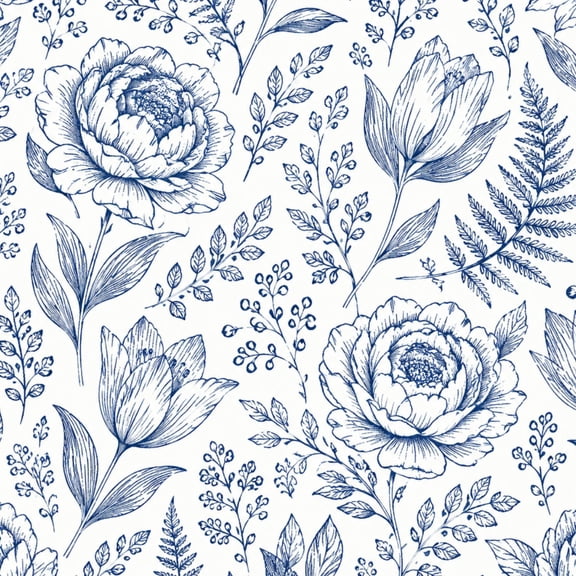 Peel and Stick Wallpaper Blue Hand Drawn Floral Peonies Tulips Ferns White 17.7in x 118in Contact Paper Removable Self Adhesive Wall Mural Wall Decor for Bedroom Kitchen Cabinets
