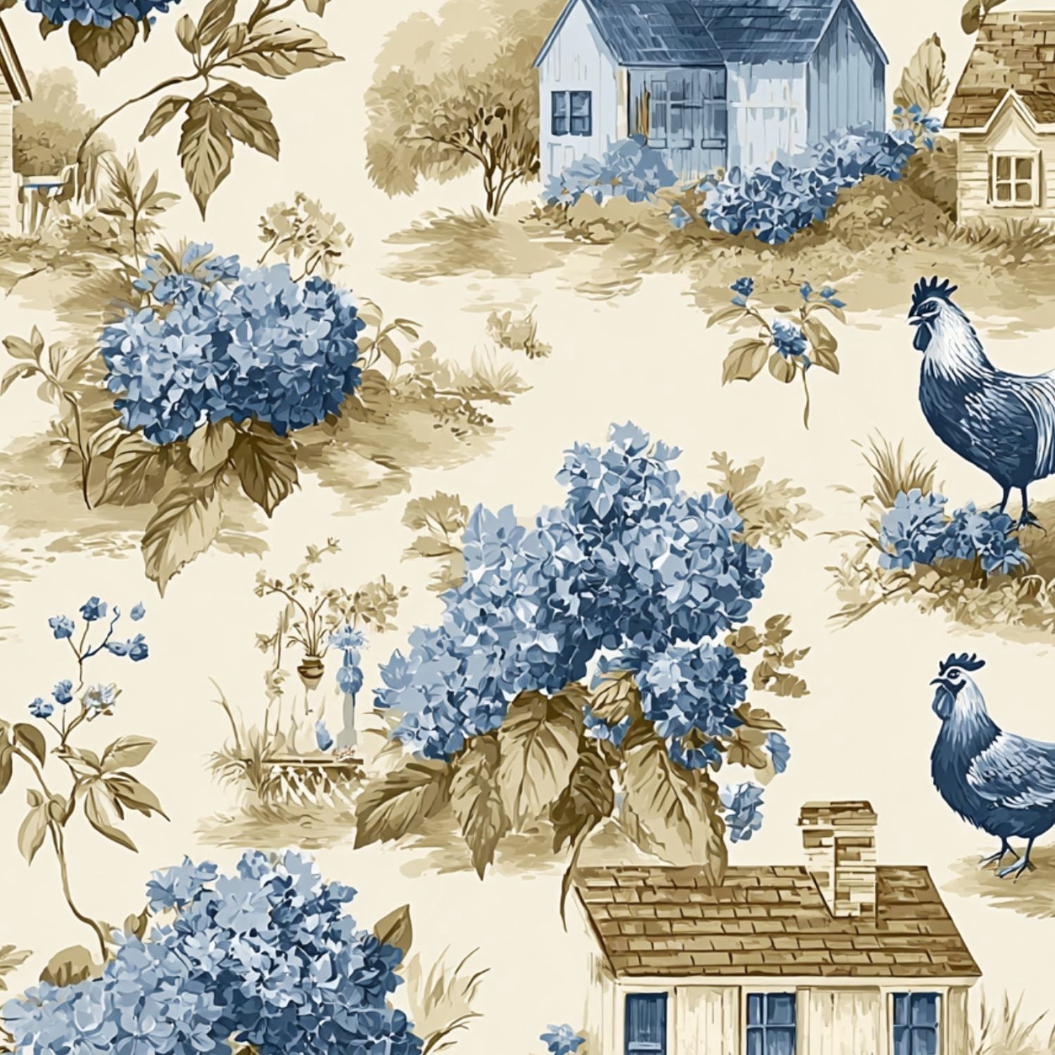 Peel and Stick Wallpaper Blue Hydrangea Farmhouse Toile Roosters Country Cottages Wall Mural 23.6in x 9.8ft Self Adhesive Removable Wall Paper Renter Friendly Wallpaper for Nursery Bedroom Cabinets