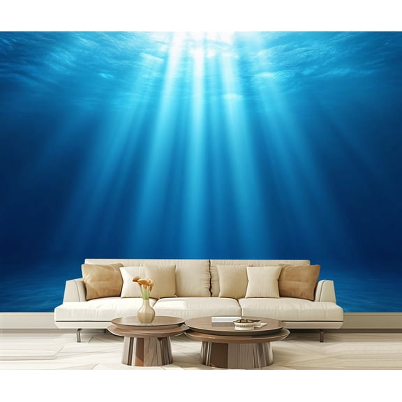 Peel and Stick Wallpaper Blue Ocean Deep Sea Underwater Sunlight Rays Calm Water Ocean Clear Modern Art Wall Mural Decor Self Adhesive and Removable 69in x 98in