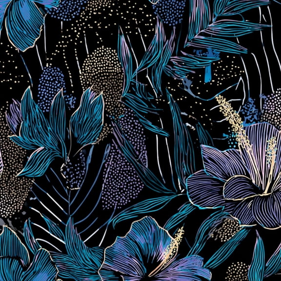 Peel and Stick Wallpaper Blue Purple Floral Botanical Black Line Art Flowers Wall Mural 17.7in x 9.8ft Self Adhesive Removable Wall Paper Renter Friendly Wallpaper for Nursery Bedroom Cabinets