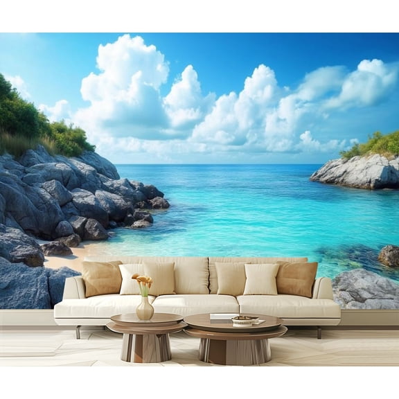 Peel and Stick Wallpaper Blue Sea Sky Rocky Beach Coastal Ocean Clouds Rocks Tropical Beach Modern Art Wall Mural Decor Self Adhesive and Removable 69in x 98in