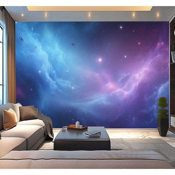 Peel and Stick Wallpaper Blue Space Nebula Stars Cosmic Clouds Bright Lights Swirling Gas Modern Art Wall Mural Decor Self Adhesive and Removable 100in x 144in
