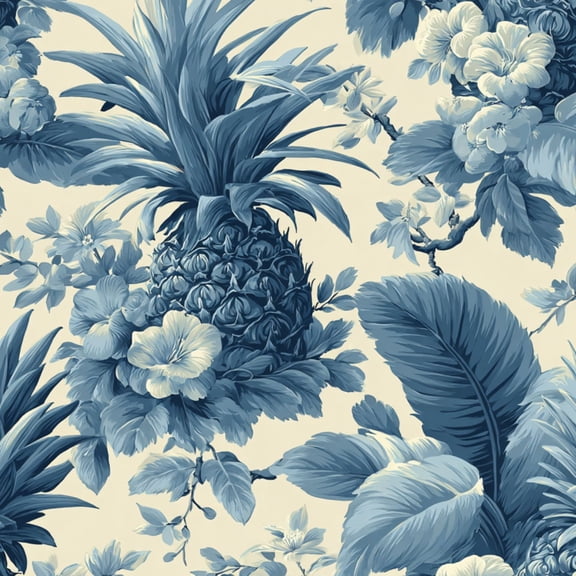 Peel and Stick Wallpaper Blue Tropical Pineapple Hibiscus Floral 17.7in x 118in Contact Paper Removable Self Adhesive Wall Mural Wall Decor for Bedroom Kitchen Cabinets