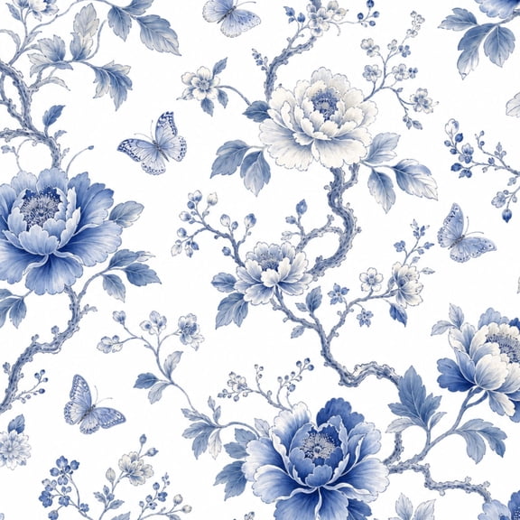 Peel and Stick Wallpaper Blue White Floral Chinoiserie Peonies Butterflies Twisting Branches 24in x 118in Contact Paper Removable Self Adhesive Wall Mural Wall Decor for Bedroom Kitchen Cabinets