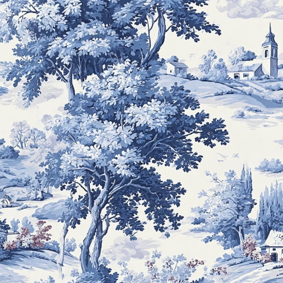 Peel and Stick Wallpaper Blue White Scenic Landscape Trees Houses Church Wall Mural 17.7in x 9.8ft Self Adhesive Removable Wall Paper Renter Friendly Wallpaper for Nursery Bedroom Cabinets