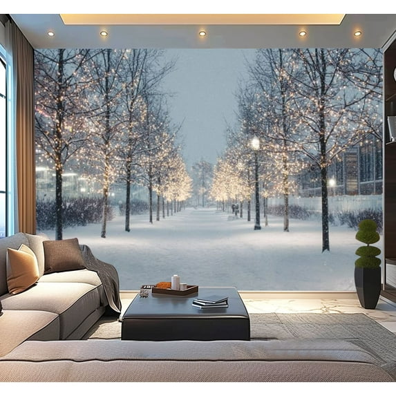 Peel and Stick Wallpaper Blurred winter tree alley falling snow shining garlands Modern Art Wall Mural Decor Self Adhesive and Removable 100in x 144in