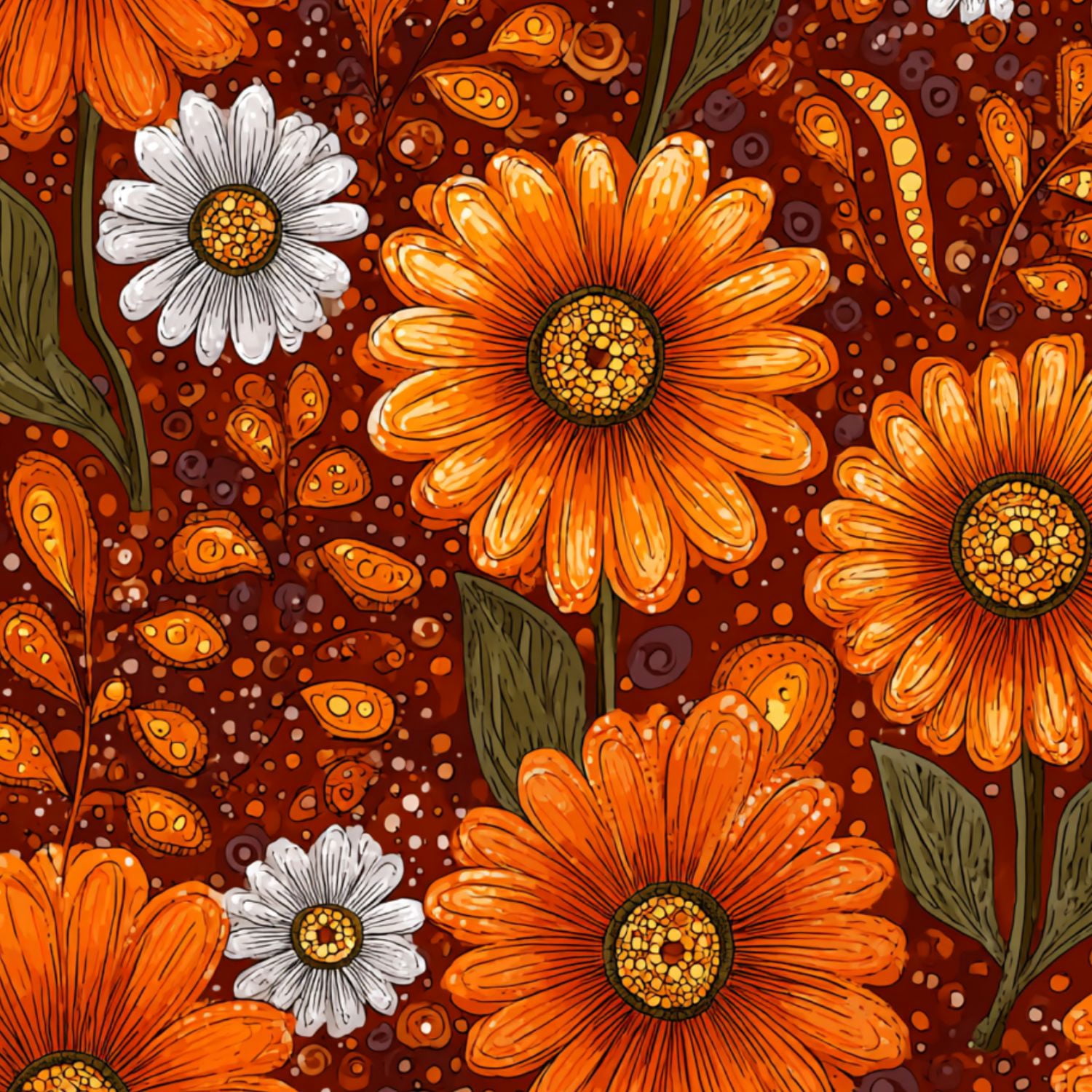Simple Daisey Peel and Stick Wallpaper Boho Floral Orange Blooming White Daisy like ...