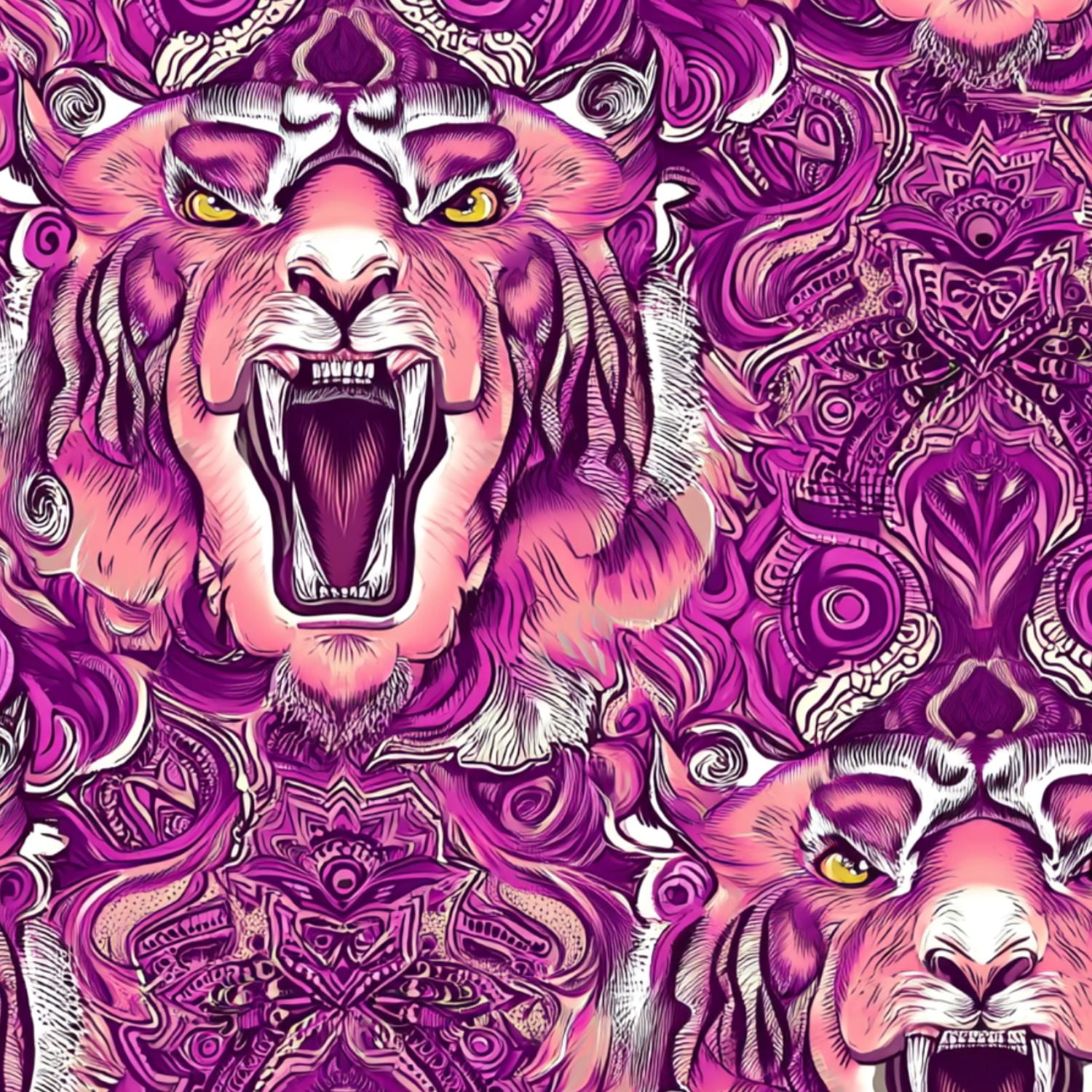 Peel and Stick Wallpaper Bold Tiger Face Pink Purple Mandala Wall Mural 23.6in x 9.8ft Self Adhesive Removable Wall Paper Renter Friendly Wallpaper for Nursery Bedroom Cabinets