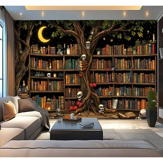 Peel and Stick Wallpaper Bookshelf Aesthetic Bookcase Vintage Botanical Plants Retro Library Modern Art Wall Mural Decor Self Adhesive and Removable 100in x 144in