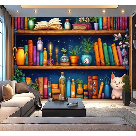Peel and Stick Wallpaper Bookshelf Magical Book Library Vintage Botanical Hippie Goth Colorful Modern Art Wall Mural Decor Self Adhesive and Removable 100in x 144in