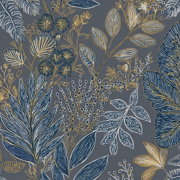 Peel and Stick Wallpaper Botanical Floral Blue Gold Accents Dark Gray Wall Mural 17.7in x 9.8ft Self Adhesive Removable Wall Paper Renter Friendly Wallpaper for Nursery Bedroom Cabinets