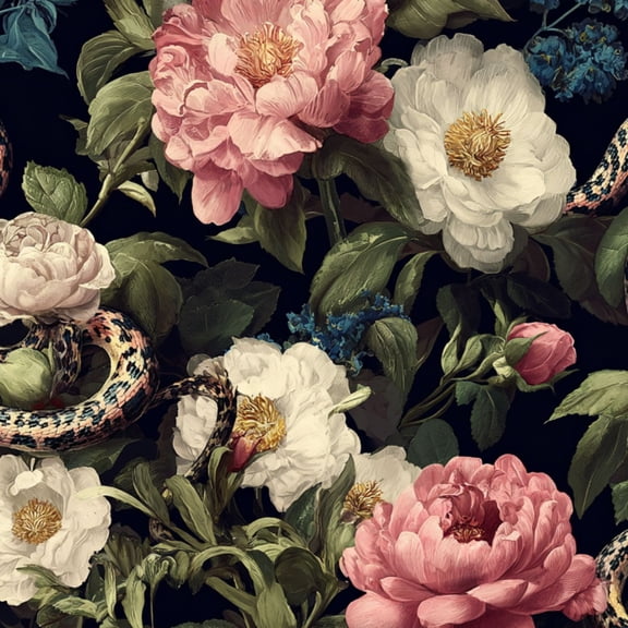 Peel and Stick Wallpaper Botanical Floral Design Peonies Snakes Dark Wall Mural 23.6in x 9.8ft Self Adhesive Removable Wall Paper Renter Friendly Wallpaper for Nursery Bedroom Cabinets