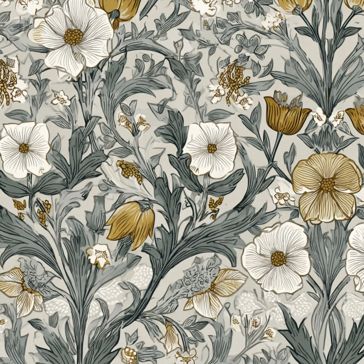 Peel and Stick Wallpaper Botanical Floral Gold White Blooms Soft Gray Wall Mural 23.6in x 9.8ft Self Adhesive Removable Wall Paper Renter Friendly Wallpaper for Girls Women Bedroom Livingroom