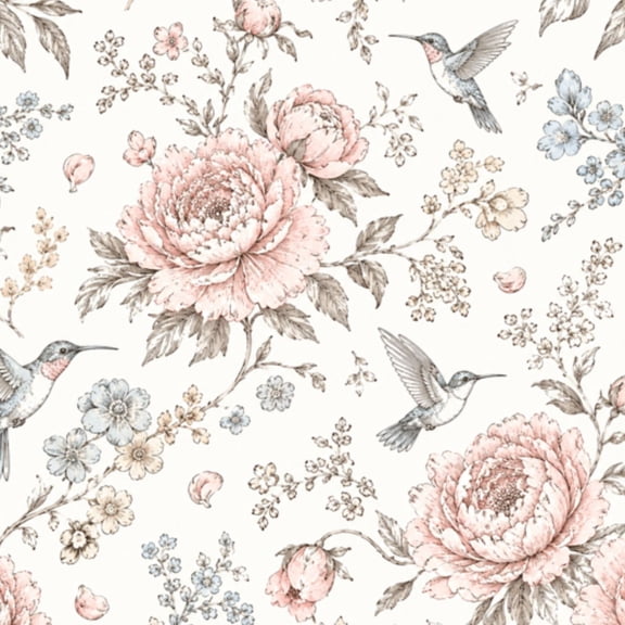 Peel and Stick Wallpaper Botanical Floral Peonies Hummingbirds Soft Pastel Wall Mural 17.7in x 9.8ft Self Adhesive Removable Wall Paper Renter Friendly Wallpaper for Nursery Bedroom Cabinets