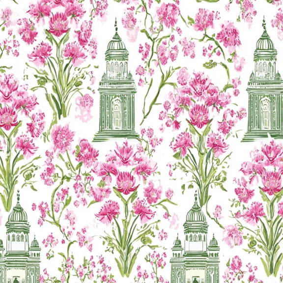 Peel and Stick Wallpaper Botanical Floral Pink Flowers Historic Buildings Wall Mural 17.7in x 9.8ft Self Adhesive Removable Wall Paper Renter Friendly Wallpaper for Women Girl Bedroom Nursery