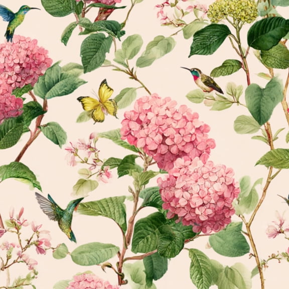 Peel and Stick Wallpaper Botanical Floral Pink Hydrangea Flowers Green Leaves Butterflies 17.7in x 118in Contact Paper Removable Self Adhesive Wall Mural Wall Decor for Bedroom Kitchen Cabinets