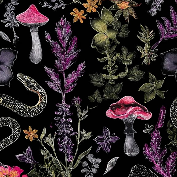 Peel and Stick Wallpaper Botanical Mushrooms Snake Vibrant Flowers Black Wall Mural 23.6in x 9.8ft Self Adhesive Removable Wall Paper Renter Friendly Wallpaper for Nursery Bedroom Cabinets