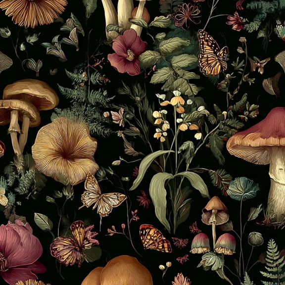 Peel and Stick Wallpaper Botanical Mushrooms Wildflowers Butterflies Dark Vintage Wall Mural 17.7in x 9.8ft Self Adhesive Removable Wall Paper Renter Friendly Wallpaper for Kids Bedroom Nursery
