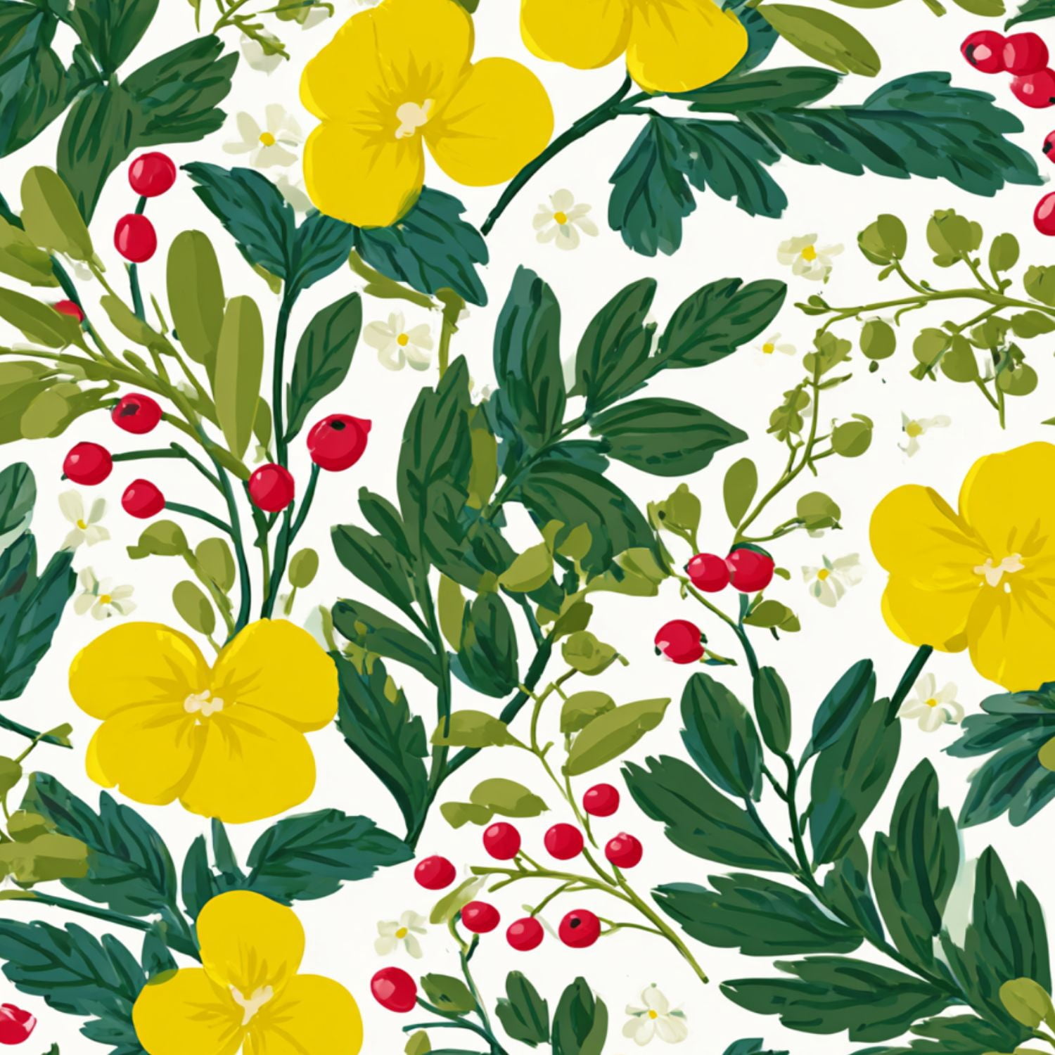 Peel and Stick Wallpaper Bright Yellow Floral Green Leaves Red Berries White Wall Mural 23.6in x 9.8ft Self Adhesive Removable Wall Paper Renter Friendly Wallpaper for Bedroom Nursery Living Room