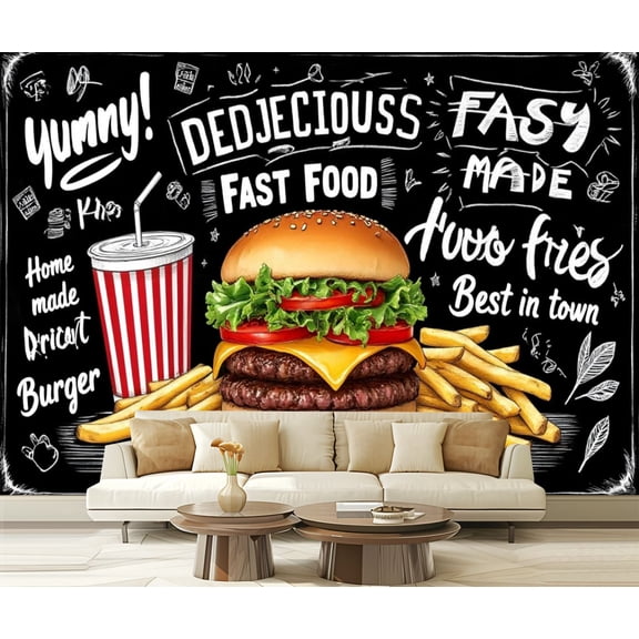 Peel and Stick Wallpaper Burger Fries 3D Fast Food Restaurant Peel Stick Wall Mural Bakery Modern Art Wall Mural Decor Self Adhesive and Removable 69in x 98in