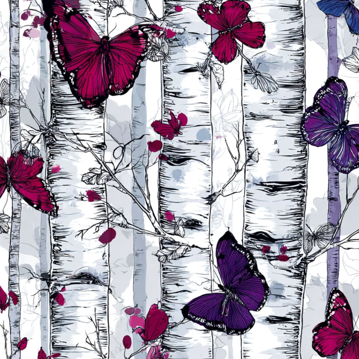 Peel and Stick Wallpaper Butterflies Birch Trees Magenta Purple Grey Ink Wall Mural 23.6in x 9.8ft Self Adhesive Removable Wall Paper Renter Friendly Wallpaper for Bedroom Livingroom Office Studio